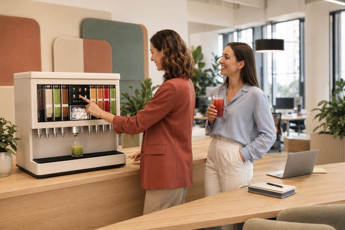 Deux coll&egrave;gues devant la BARIST&rsquo;ALL pos&eacute;e sur le comptoir d&rsquo;un espace de travail, l&rsquo;une choisit une recette, l&rsquo;autre tient un jus rouge.