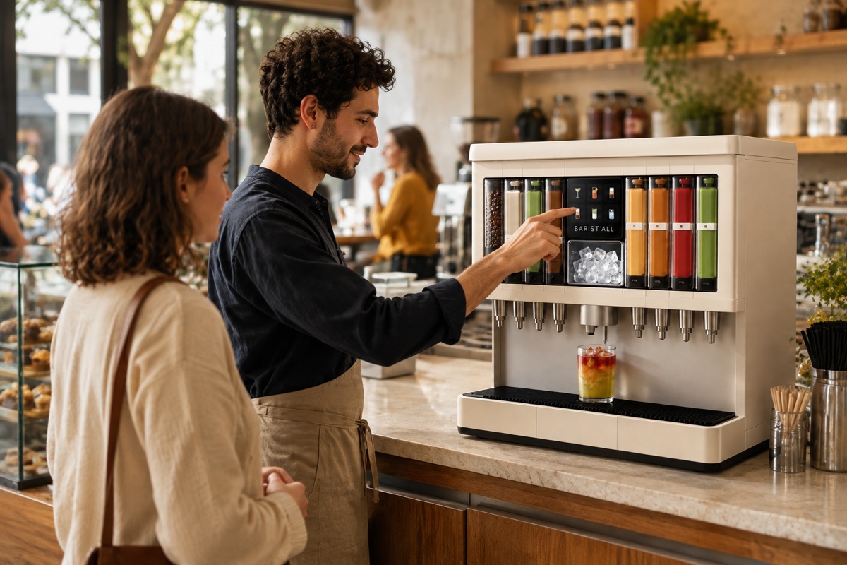 Un barista en tablier lance une pr&eacute;paration sur la BARIST&rsquo;ALL install&eacute;e sur le comptoir d&rsquo;un caf&eacute;, une cliente attend sa boisson.