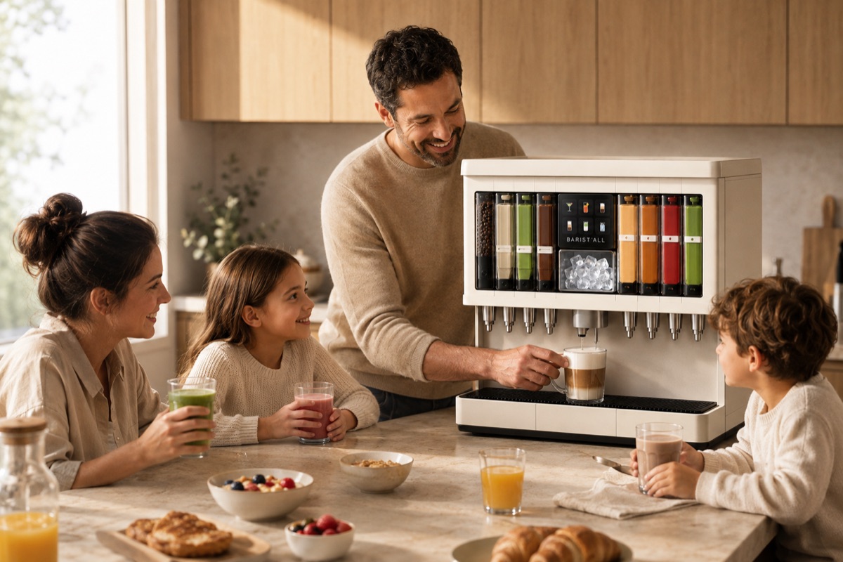 Un p&egrave;re sert un latte macchiato &agrave; la BARIST&rsquo;ALL pendant le petit-d&eacute;jeuner familial, les enfants tiennent un smoothie vert et un lait fraise.