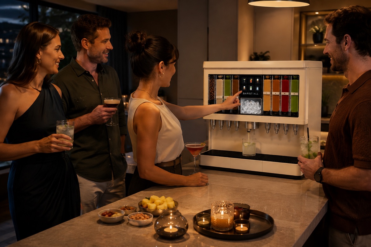 Quatre amis autour d&rsquo;un &icirc;lot de cuisine le soir, cocktails en main, l&rsquo;un d&rsquo;eux s&eacute;lectionne une recette sur l&rsquo;&eacute;cran de la BARIST&rsquo;ALL.